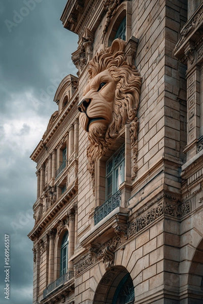 Fototapeta Architectural detail featuring a lion sculpture on a historic building facade