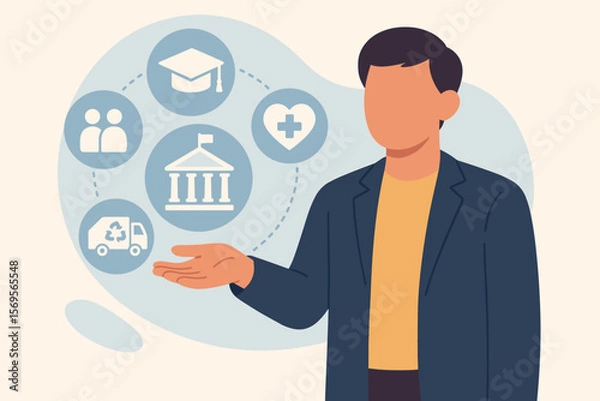 Fototapeta Public sector concept with icons. Government, education, health and municipal services. State support for people, society and community. Citizen infrastructure and welfare vector.