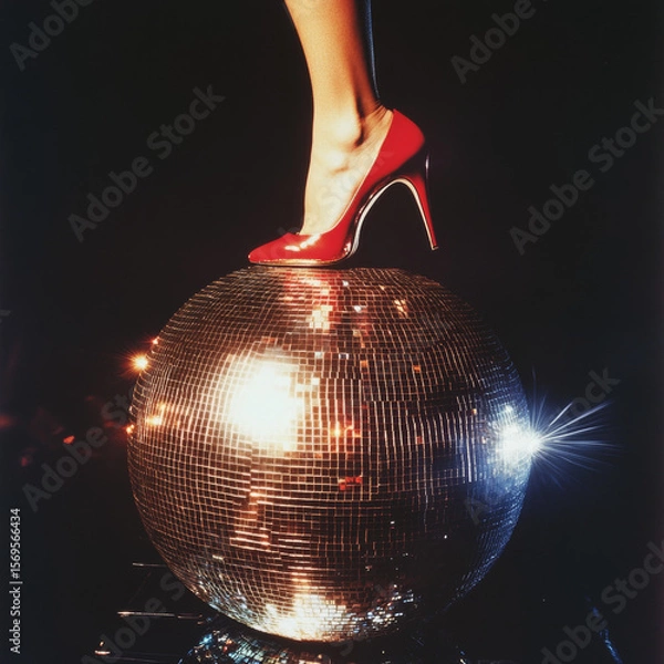 Fototapeta woman's foot wearing a red high heel standing on top of a large brightly illuminated silver disco ball,  light rays shining through it