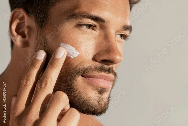 Fototapeta A man applying skin care products on his face with his fingers, Generative AI
