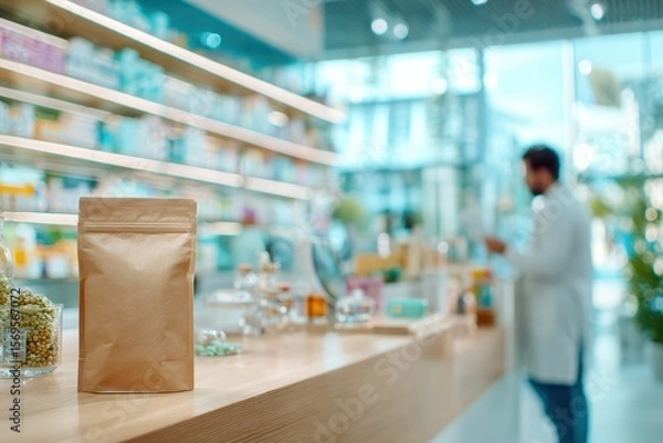 Obraz Natural Herbal Products Displayed on a Wooden Counter in a Modern Pharmacy with a Pharmacist Assisting Customers in the Background