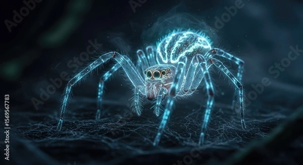 Obraz Bioluminescent Electric Spider in High Detail on Web, Glowing Spider Crawling in Electric Mist.