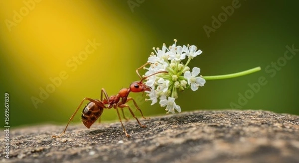 Fototapeta Macro Image of Red Ant Carrying White Flower Cluster on Rock.