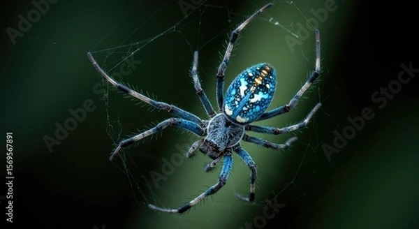 Obraz Colorful image of a spider on its intricate web, Colorful Blue Spider in Web - Macro Image.