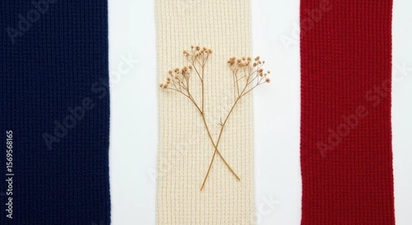 Obraz Knitted Fabric in French Flag Colors with Dried Flowers on White Background.