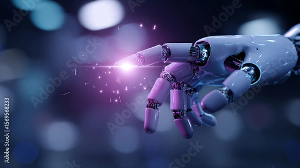 Fototapeta Close-up of a humanoid robot finger gently touching a glowing digital interface