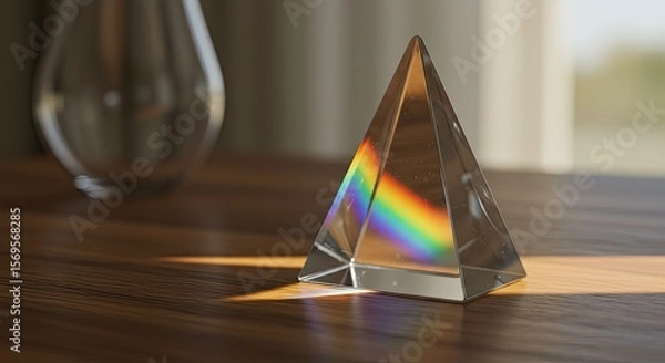 Fototapeta Glass Prism Dispersing Light into Rainbow Spectrum on Wooden Table.
