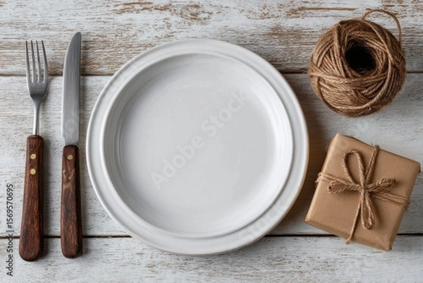 Fototapeta A place setting with a white plate fork knife and a wrapped present box
