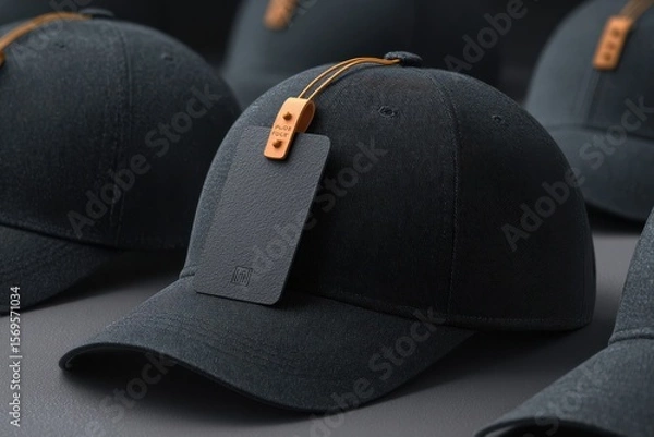 Fototapeta A close up of several dark caps with tags on a neutral background
