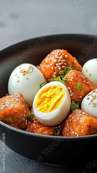 Obraz Tteokbokki with Fish Cake and Boiled Egg with dramatic highangle spotlight, textures emphasized through oil shine and vibrant sauce gradient