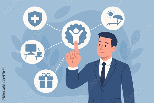 Fototapeta Employee benefits and compensation strategy concept. HR manager planning fringe benefits for staff engagement and motivation. Health insurance, paid vacation, office perks and bonus.