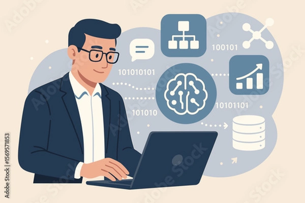 Fototapeta Businessman Using Laptop with AI, LLM, Big Data, Data Mining, Generative AI, Natural Language Processing, Data Transfer, Analytics, Digital Transformation, Technology Concept