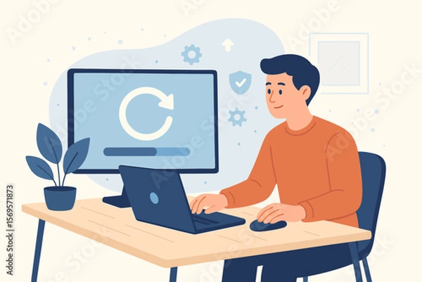 Obraz Man Installing Software Update at Desk, Operating System Upgrade Process, Computer Maintenance, Device Security, Technology Workflow, Enhanced Functionality, Modern Office