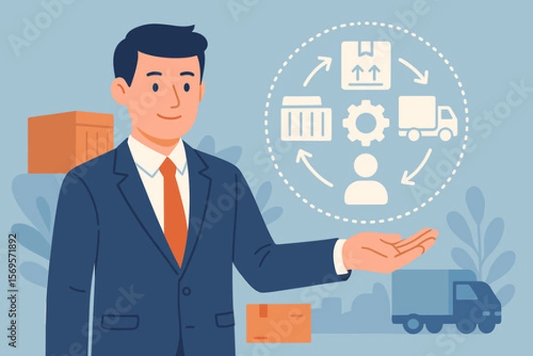 Fototapeta Businessman Presenting Virtual Supply Chain Management Concept, Logistics Organization, Transport Network, Resource Control, Delivery Process, Customer Service, Distribution