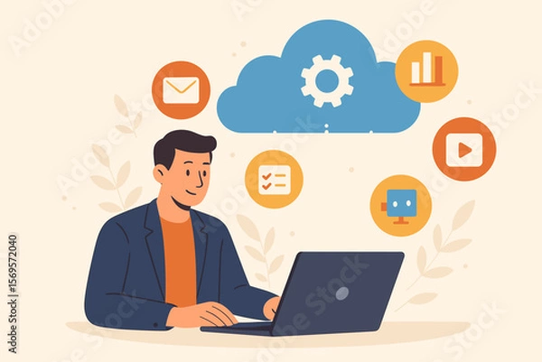 Fototapeta SaaS software as a service cloud computing concept. Businessman using laptop with internet technology icons. Cloud storage, data analytics, email, video, workflow, digital services