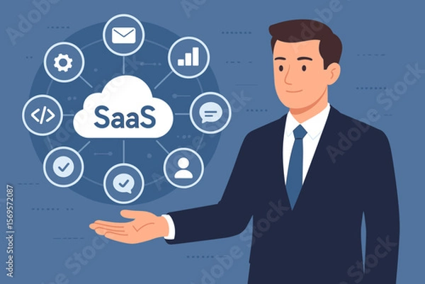 Fototapeta SaaS software as a service cloud computing concept. Businessman presenting virtual interface with SaaS icons for online software solutions, internet, networking, digital technology