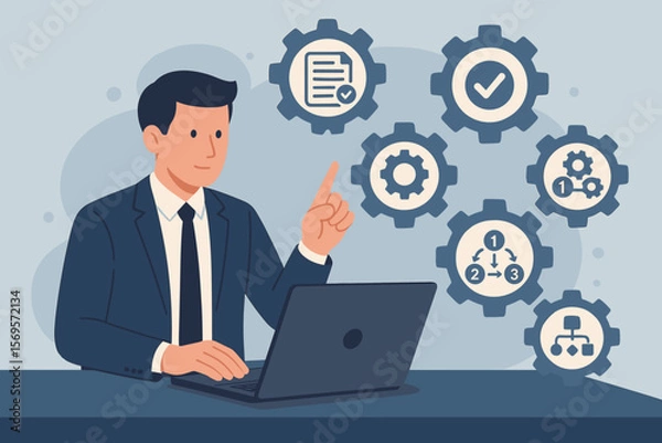Obraz Standard Operating Procedure SOP Concept. Businessman Using Laptop with Virtual Icons for Workflow, Process Automation, Instructions, Quality Control, Management, Checklist, Steps