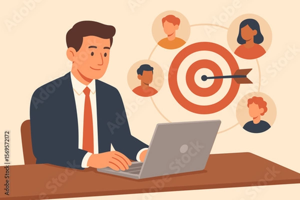 Fototapeta Target customers concept. Businessman using laptop for audience outreach, sales generation, digital marketing strategy, client acquisition, target market analysis, networking, communication