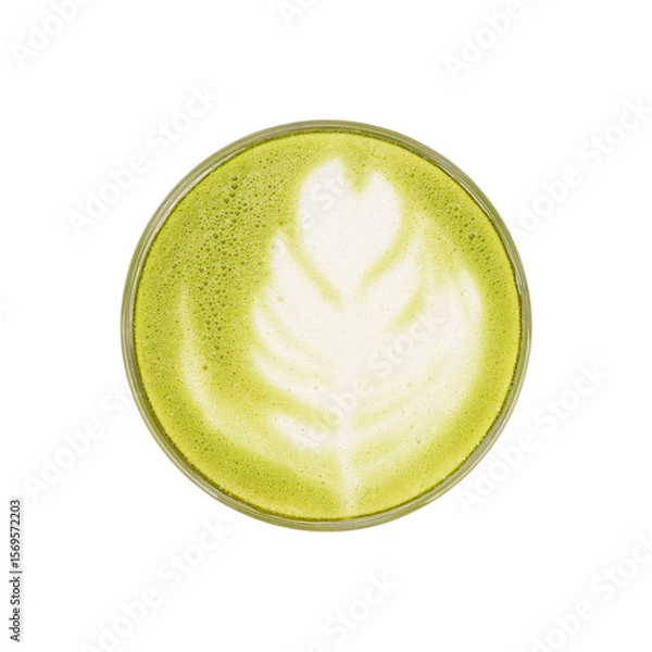 Fototapeta Top view of matcha green tea latte on cup isolated white background.