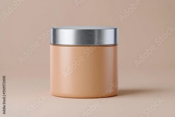Fototapeta Close up of a tan container with a silver lid on a neutral background