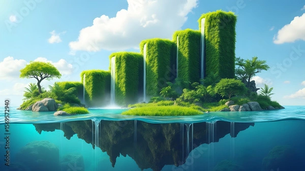 Fototapeta Conceptual floating island shaped like bar chart with lush greenery and waterfalls under bright blue sky with clouds
