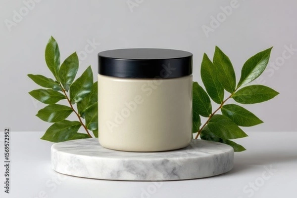 Fototapeta Cream jar with black lid on marble stand with green leaves behind it