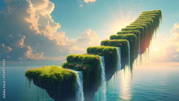 Fototapeta Conceptual floating island shaped like ladder with lush green grass, pink flowers, and cascading waterfalls under bright sky at sunset