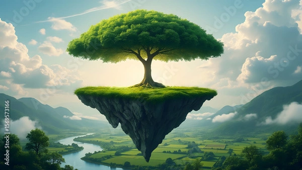 Fototapeta Conceptual floating island shaped like umbrella with large tree on top, surrounded by clouds and scenic valley below
