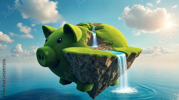 Fototapeta Conceptual floating island shaped like piggy bank with green grass and waterfalls over ocean under bright sky