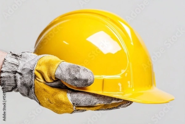 Fototapeta Hand wearing gloves with yellow safety helmet. Generative AI
