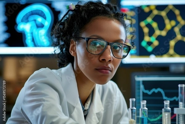 Fototapeta Research scientist conducts experiments in a laboratory with advanced technology and data analysis displays