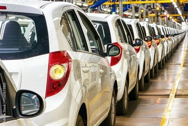 Fototapeta Production line showcasing new white cars in a manufacturing facility during daylight hours