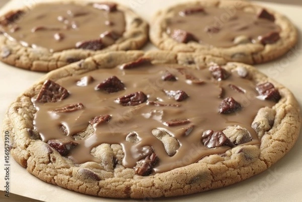 Fototapeta Freshly baked chocolate chip cookies with a rich chocolate topping, displaying an appealing dessert treat ready for enjoyment