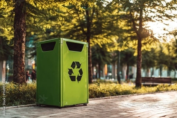 Fototapeta Filming a green recycling bin at the park entrance. Generative AI
