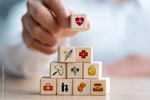 Fototapeta Health Care Concept: Stacked Wooden Blocks with Medical Icons and Heart Symbol