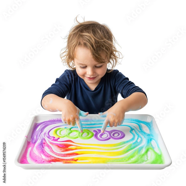 Obraz A young Caucasian boy with curly blond hair plays with colorful swirling patterns in a tray filled with vibrant, liquid colors. The background is transparent.