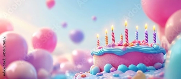 Fototapeta Celebratory confectionery delight: whimsical birthday cake with balloons against sky