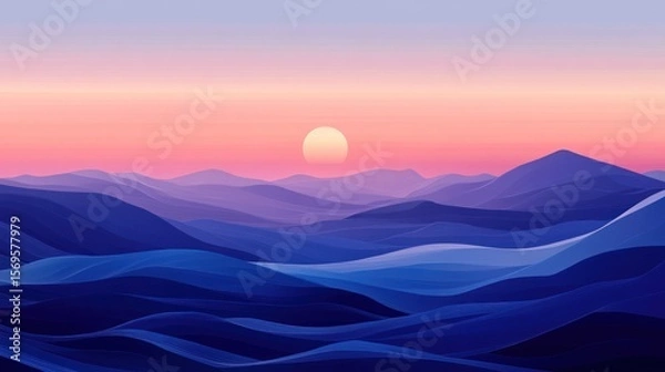 Fototapeta Tranquil Horizon: Digital Rendering of Layered Hills at Sunrise with Pastel Sky