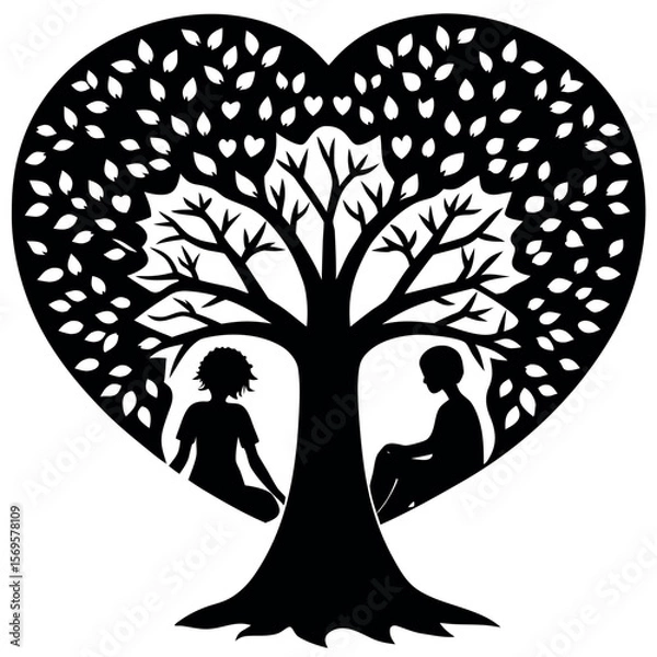 Fototapeta Two silhouettes sitting under a heart shaped tree with falling leaves