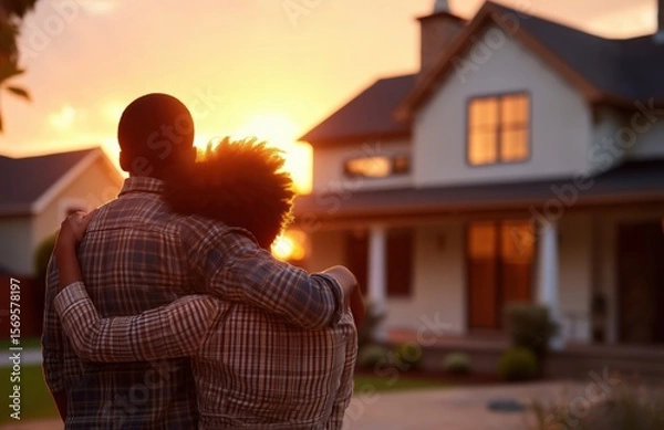 Obraz Warm sunset silhouette of young African American couple embracing in front of their new home, golden hour backlighting, real estate property ownership celebration, first-time buyers, emotional closing