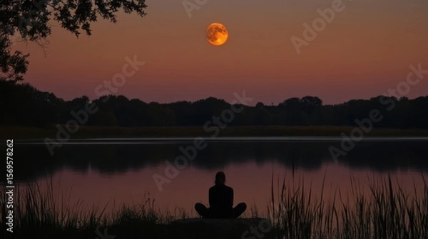 Fototapeta Serene lakeside meditation under the enchanting glow of a crimson moon