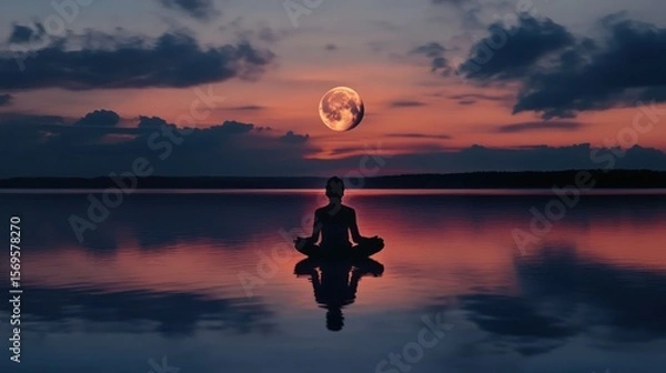 Fototapeta Tranquil meditation silhouette at sunset with a radiant moon reflecting on water
