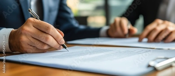 Fototapeta Two professionals finalize a formal agreement with precision and collaborative intent