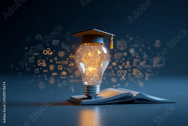 Obraz Creative Education Light bulb with Graduation Cap and Glowing Icons Over an Open Book