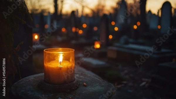Fototapeta Candlelight vigil illuminates solemn memorial ground at twilight hour