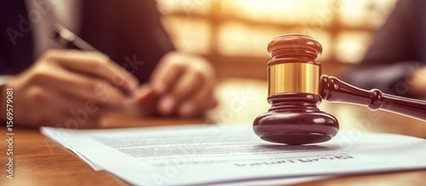 Fototapeta Legal Documentation and Governance: Gavel Resting on Contract for Agreement