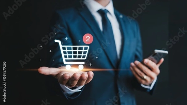 Obraz A businessman showcases a digital shopping cart with items, symbolizing online retail, ecommerce growth, and consumerism within the modern digital marketplace.