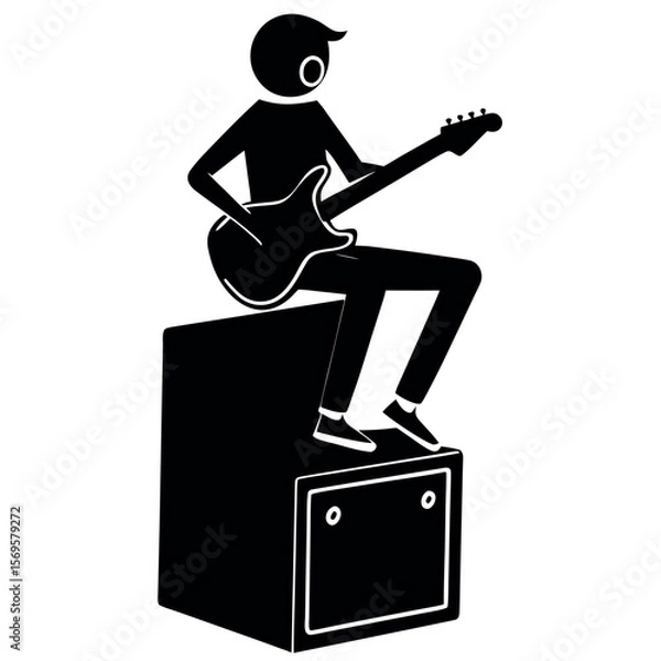 Fototapeta Black silhouette of a person playing guitar while sitting on an amplifier