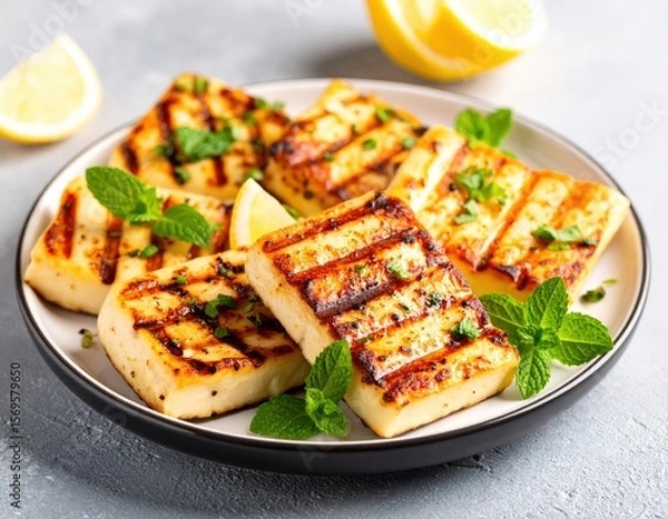 Obraz Grilled Feta Cubes With Lemon And Mint On Plate