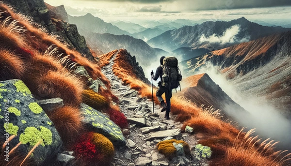 Obraz Adventurer Ascending through Misty Mountain Trails